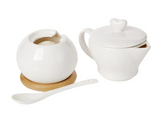 Debora Carlucci White Porcelain Creamer and Sugar Holder in One with Spoon on Wood Base